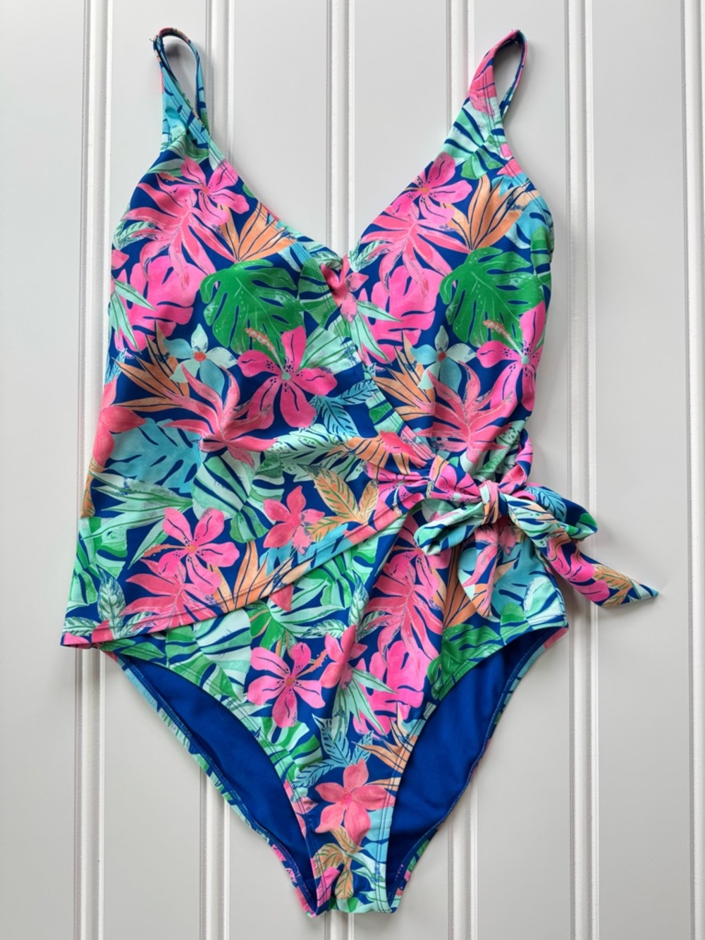 Tropical Floral Side Tie One Piece Padded Swimsuit with Adjustable Straps